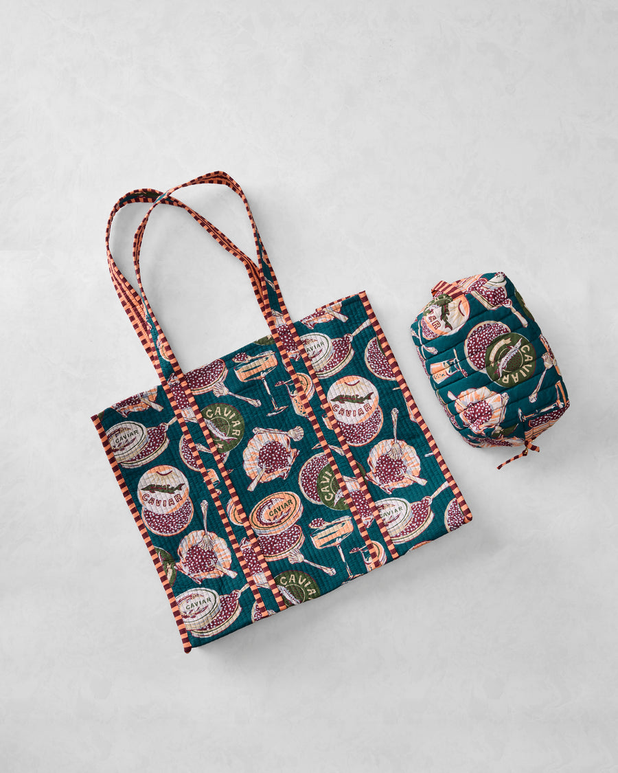 Champagne & Caviar - Traveler Tote & Quilted Pouch Bundle - Peacock Feather