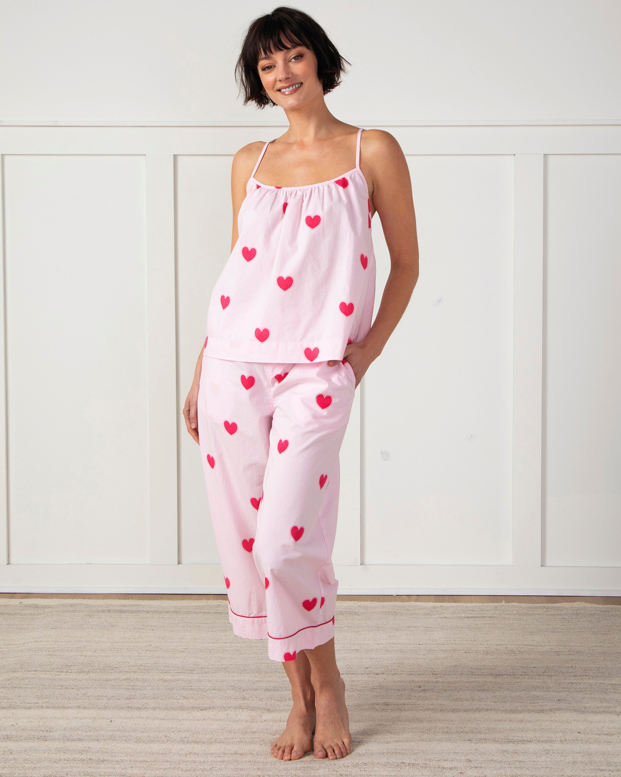 Queen Of Hearts - Women's Cotton Cami Cropped Pants Set - Candy Pink