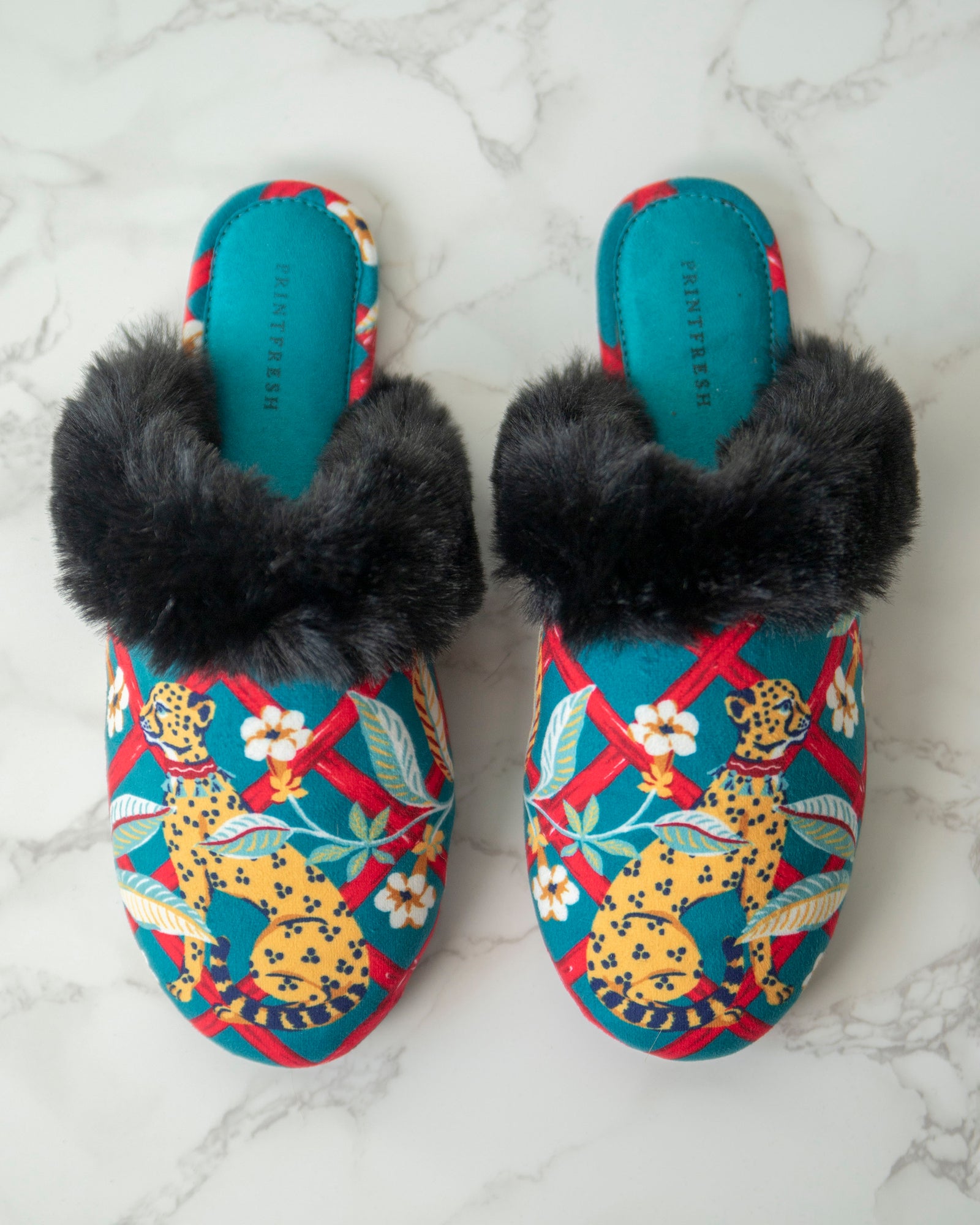 Royal Cheetah - Velvet Faux-Fur Slippers - Ruby Jade - Printfresh