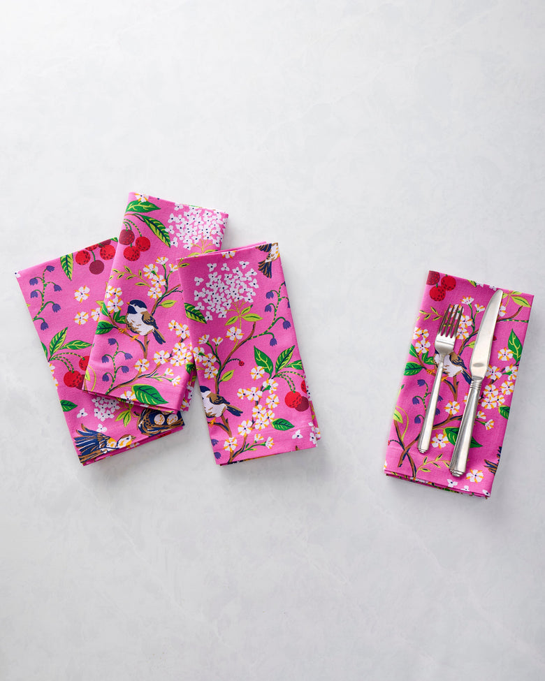 Bird & Blossom - Print Napkins Set of 4 - Fuchsia Berry - Printfresh
