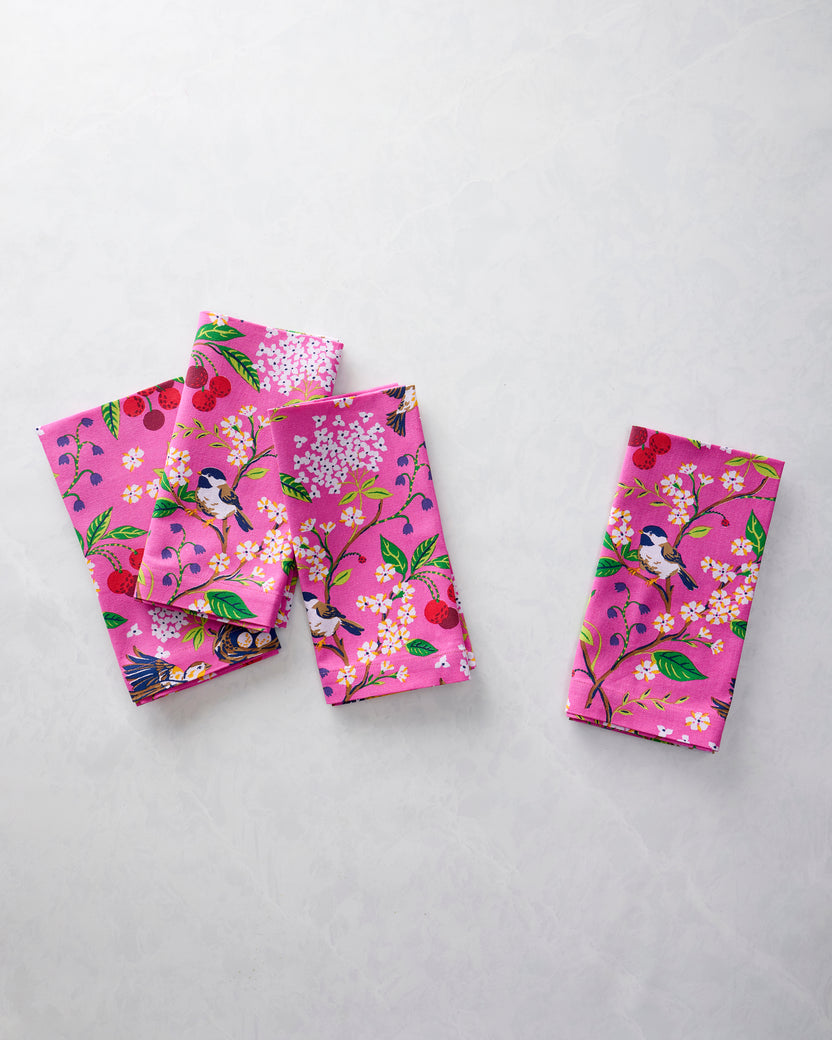 Bird & Blossom - Print Napkins Set of 4 - Fuchsia Berry - Printfresh