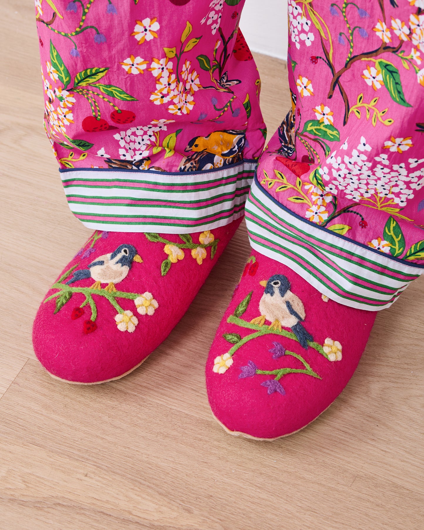 French Knot X PF - Bird & Blossom Slippers - Fuchsia Berry - Printfresh
