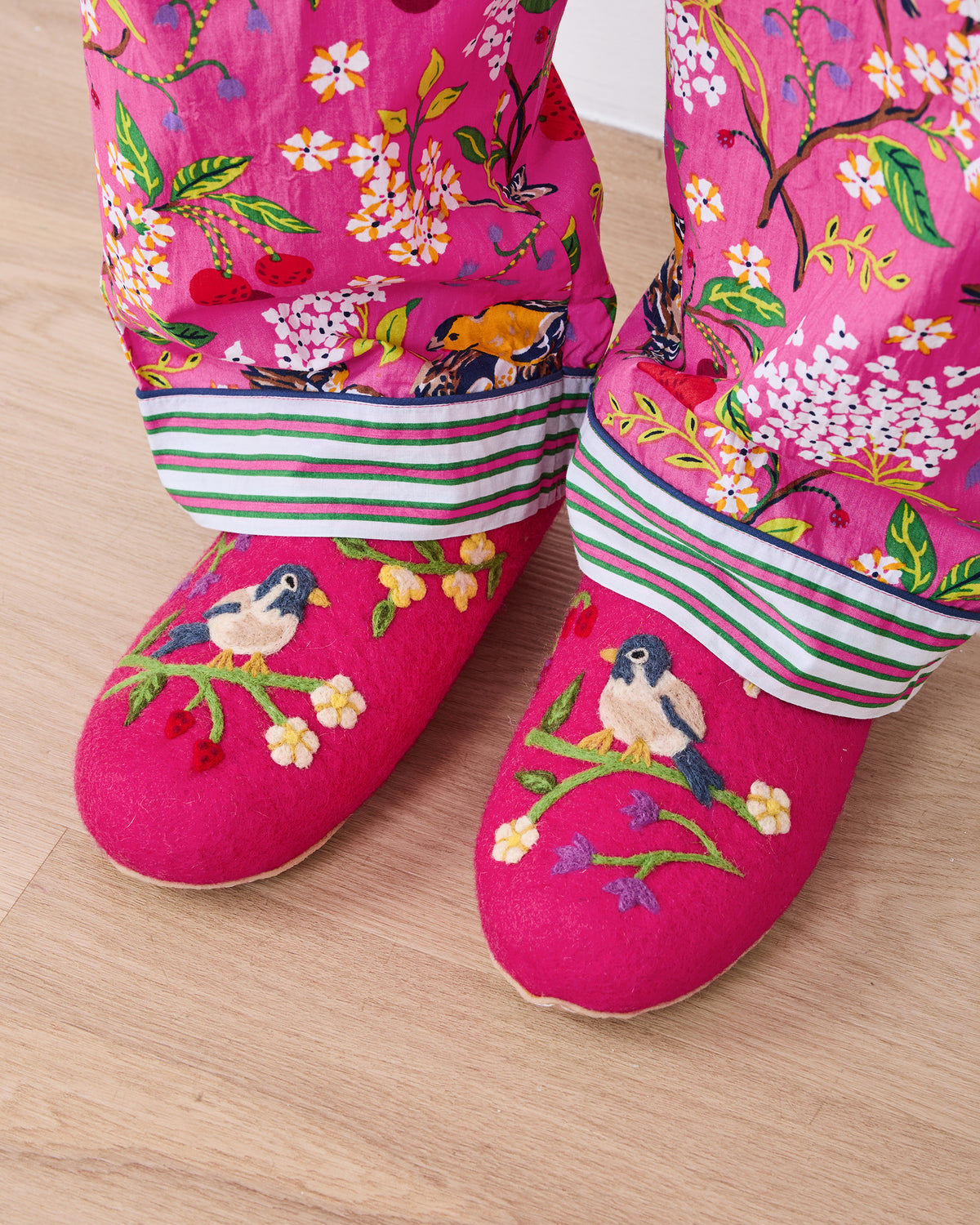 French Knot X PF - Bird & Blossom Slippers - Fuchsia Berry - Printfresh