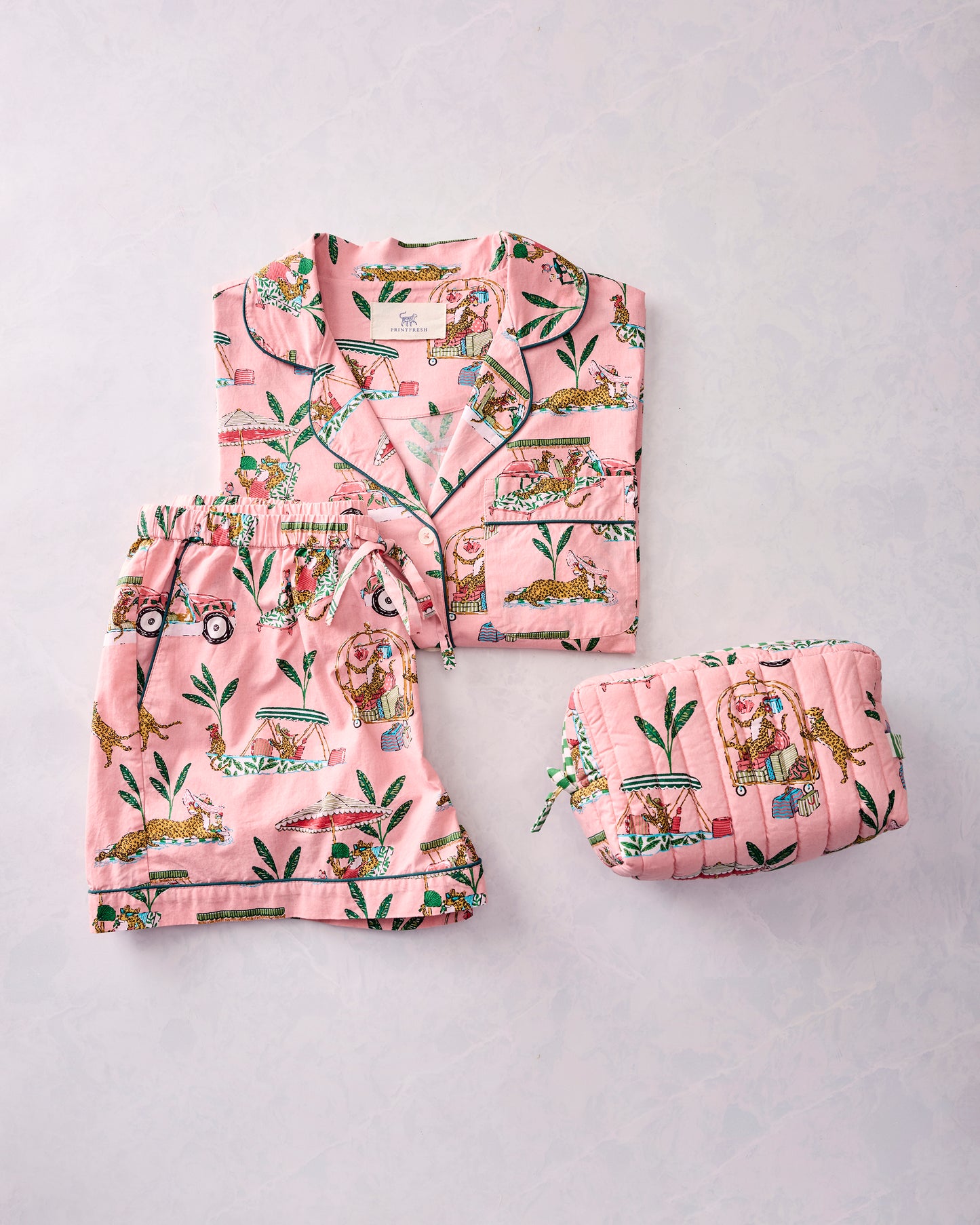Cabana Cats - Short PJ Set & Quilted Pouch Bundle - Peach Daiquiri - Printfresh