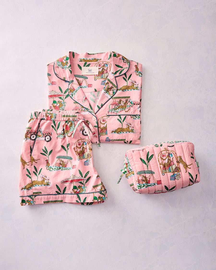 Cabana Cats - Short PJ Set & Quilted Pouch Bundle - Peach Daiquiri - Printfresh