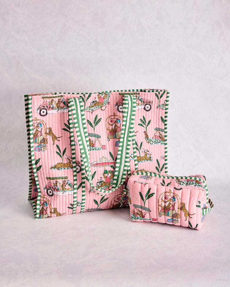 Cabana Cats - Traveler Tote & Quilted Pouch Bundle - Peach Daiquiri - Printfresh