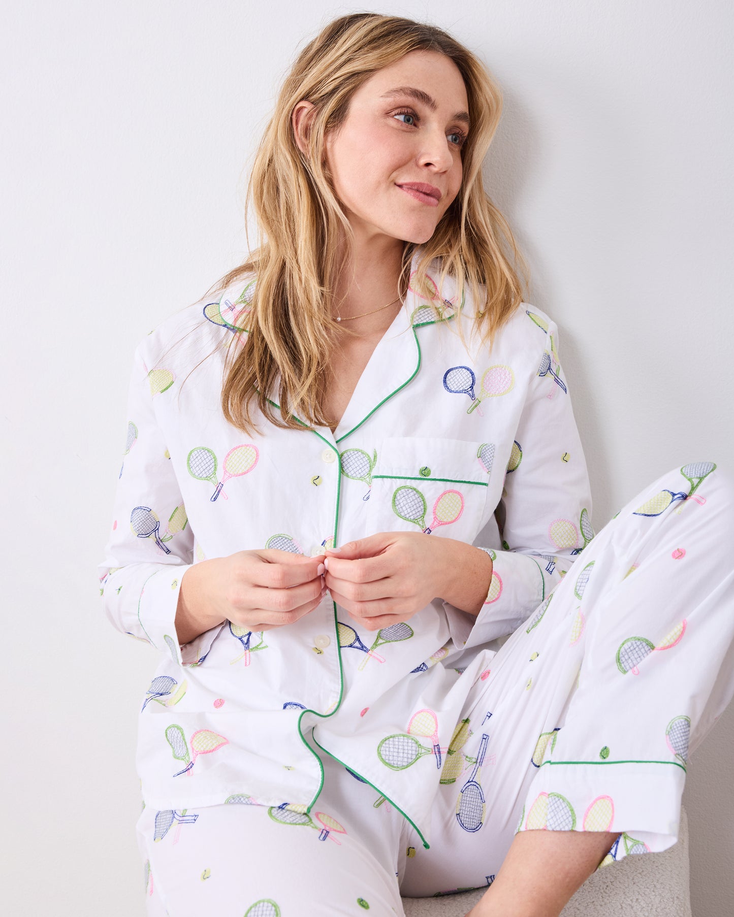 Embroidered Tennis Club - Long PJ Set - Cloud - Printfresh