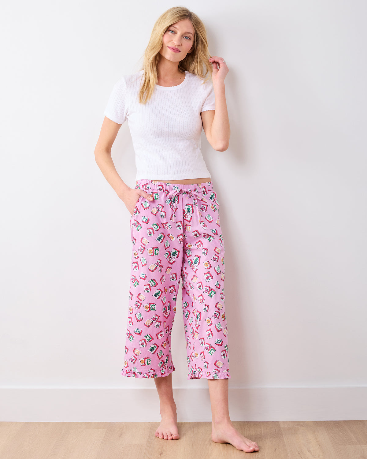 Lucky Tiles - Ruffle Cropped Pants - Peony Pink - Printfresh