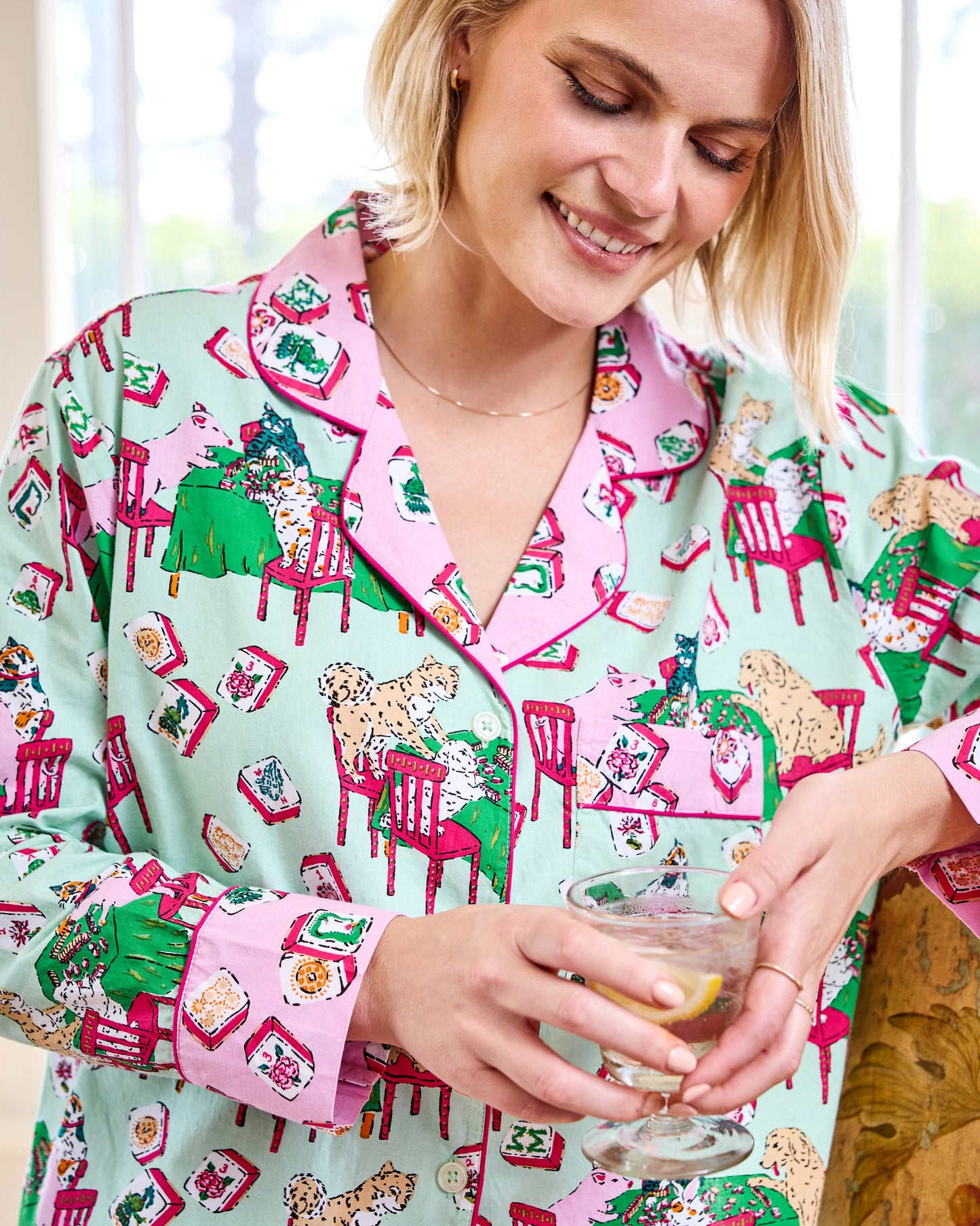 Mah Jongg Menagerie - Long PJ Set - Pale Jade - Printfresh