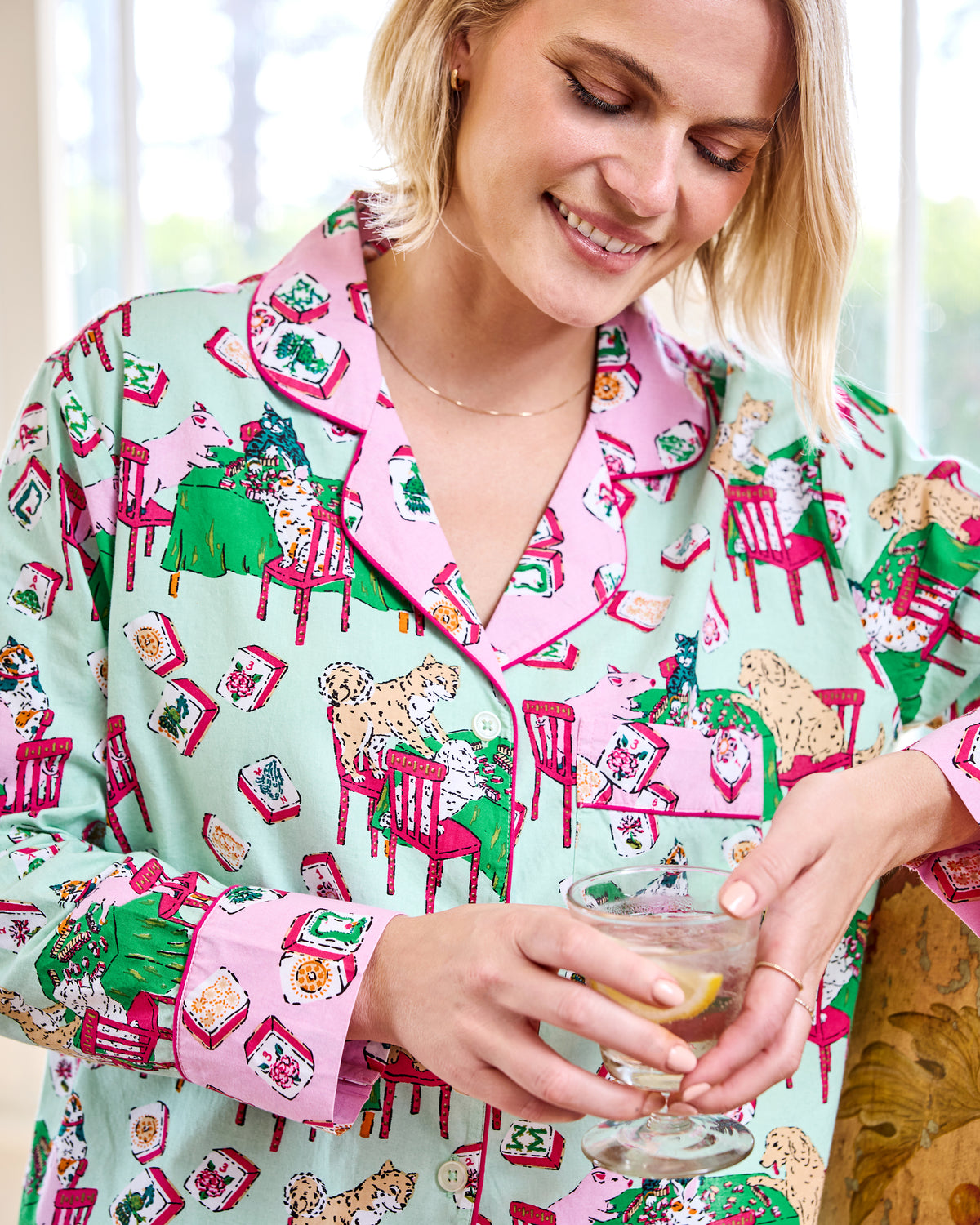 Mah Jongg Menagerie - Long PJ Set - Pale Jade - Printfresh