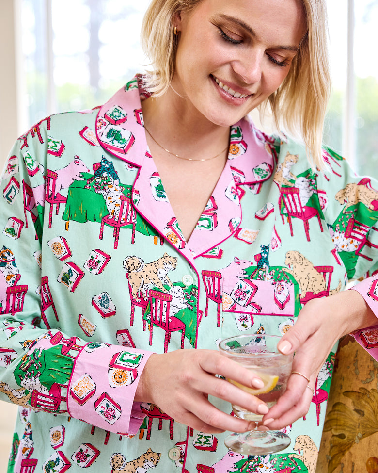 Mah Jongg Menagerie - Long PJ Set - Pale Jade - Printfresh