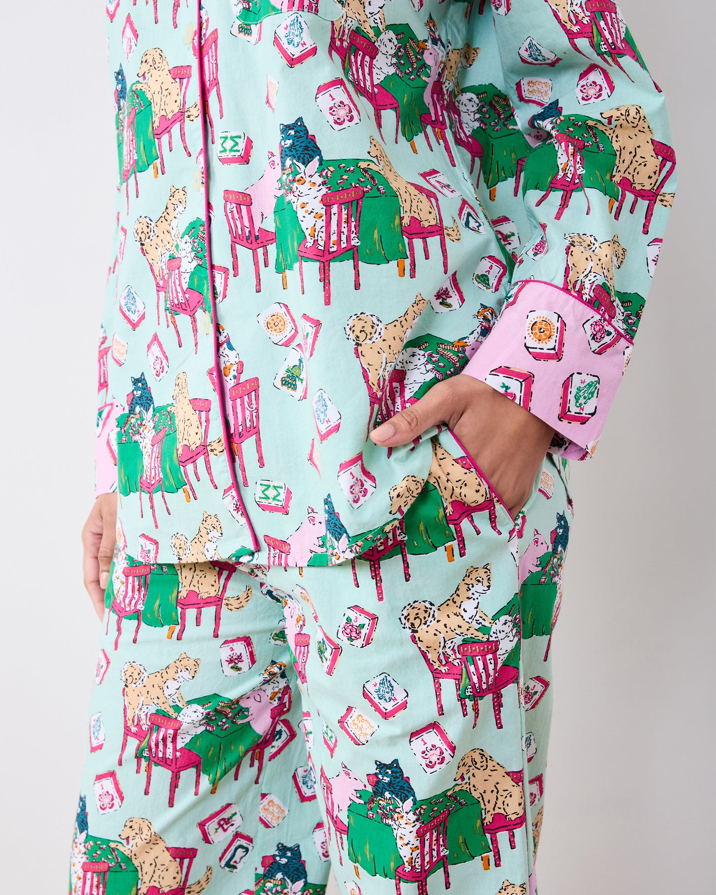 Mah Jongg Menagerie - Long PJ Set - Pale Jade - Printfresh