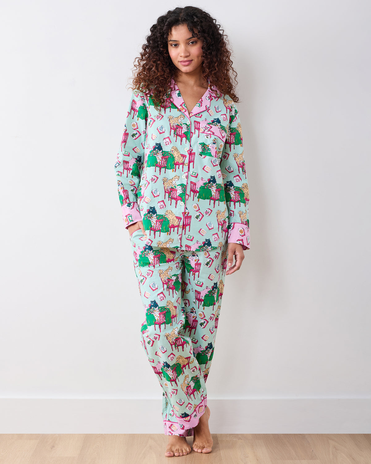 Mah Jongg Menagerie - Long PJ Set - Pale Jade - Printfresh