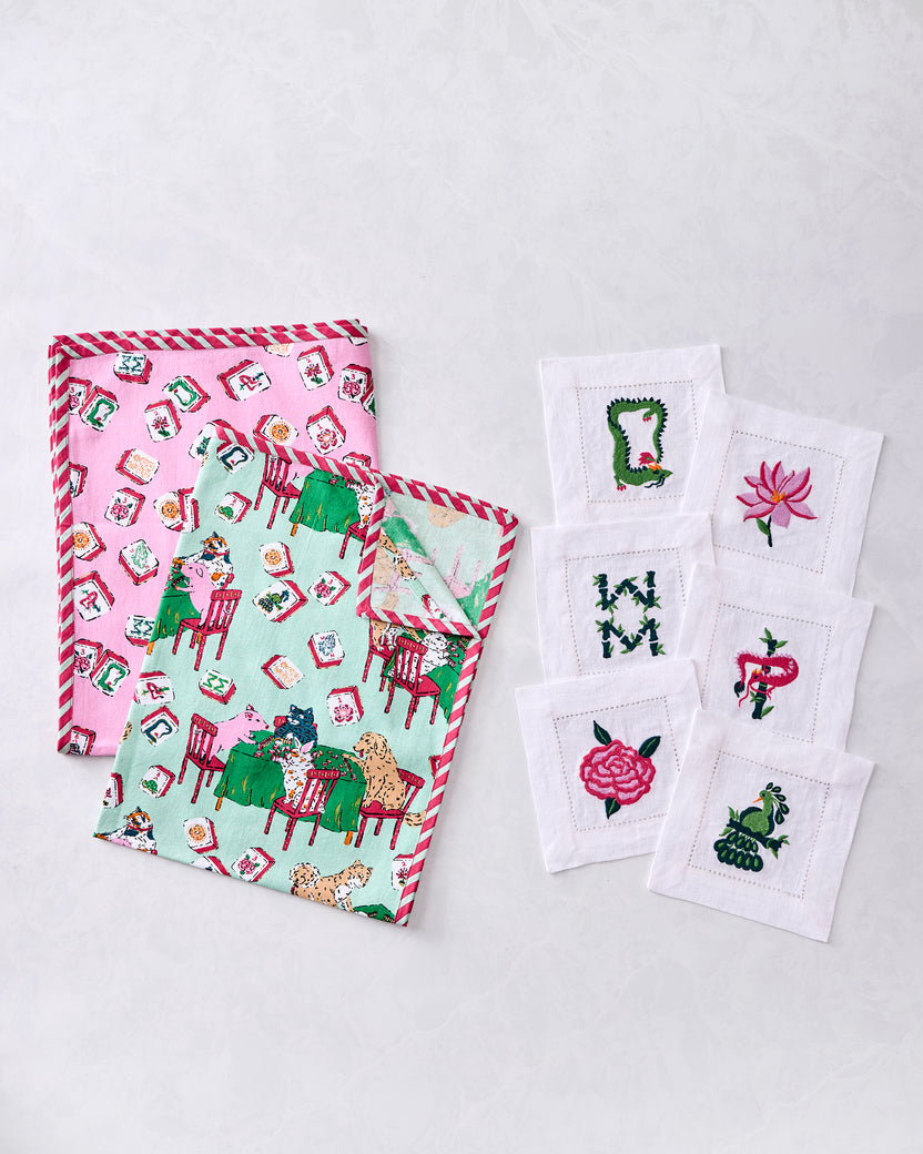 Mah Jongg Menagerie - Tea Towels & Cocktail Napkins Bundle - Pale Jade - Printfresh