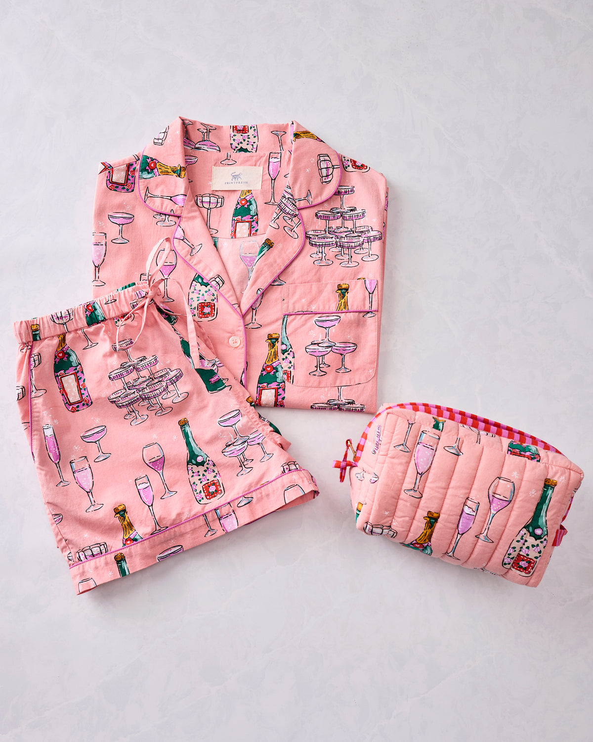 Champagne Tower - Short PJ Set & Quilted Pouch Bundle - Peach Fizz - Printfresh