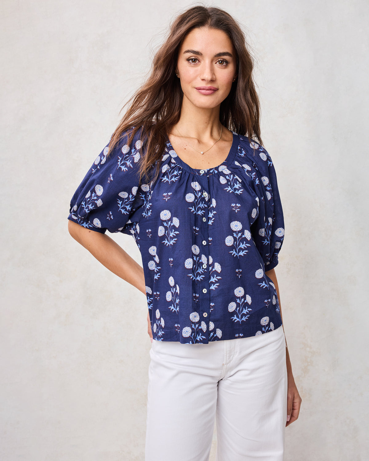 Marigold Bloom - Gilmore Blouse - Midnight Tide - Printfresh