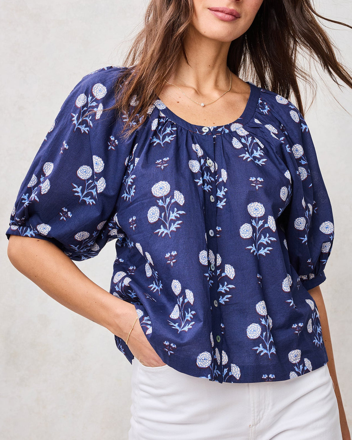 Marigold Bloom - Gilmore Blouse - Midnight Tide - Printfresh