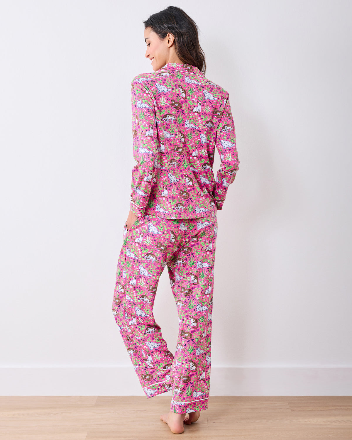 Must Love Cats - Organic Pima Modal Knit Long PJ Set - Pink Camellia - Printfresh