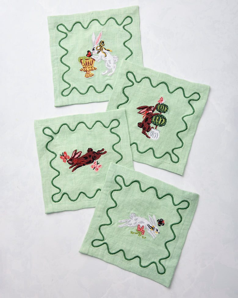 Rabbit Wonderland - Set of 4 Cocktail Napkins - Sage - Printfresh