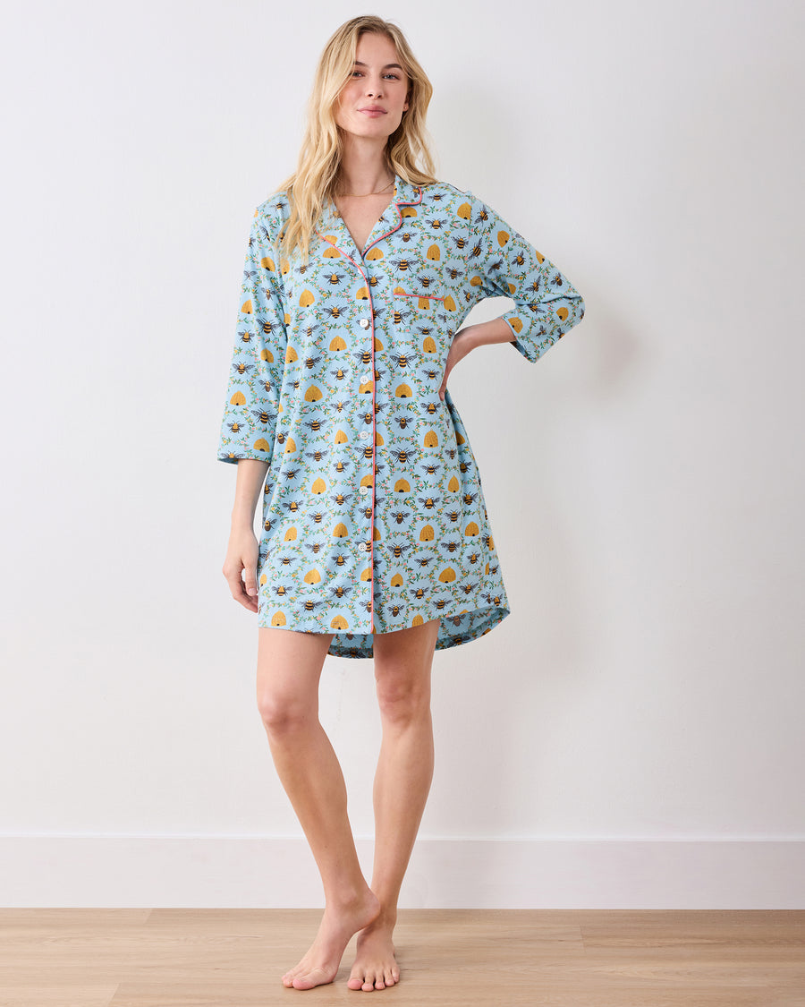 Sweet Bee - Organic Pima Modal Knit Sleep Shirt - Soft Blue - Printfresh