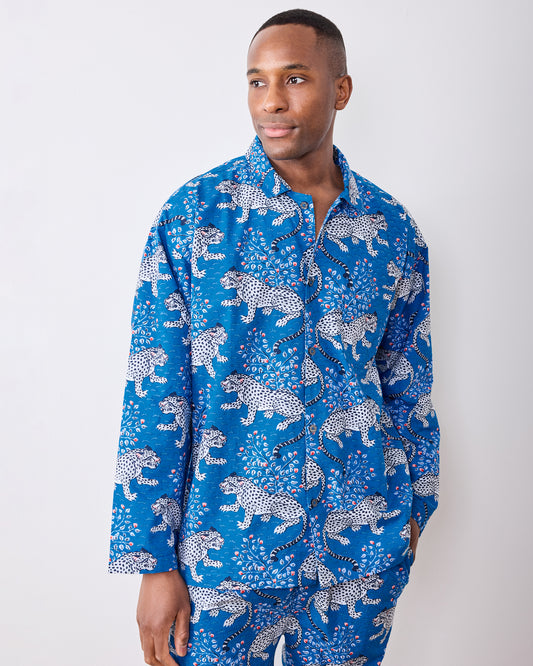 Front view of the indigo long pajama set with a white leopard-and-botanical print
