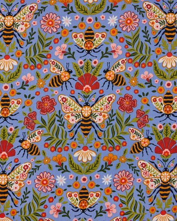 Close-up of the Delphinium Blue Bee Tapestry print, featuring illustrated bees, flowers, leaves, and tapestry-style wing patterns.