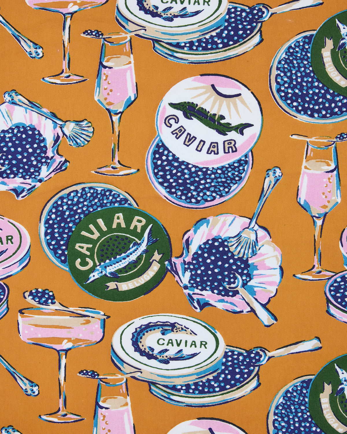 Close-up of the goldenrod Champagne & Caviar print featuring caviar tins, champagne glasses, spoons, fish, and shells.