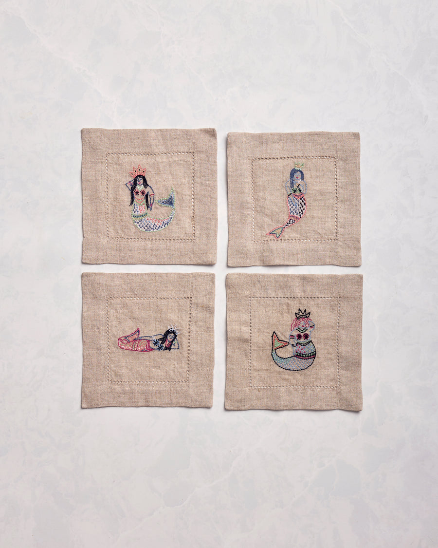 Daughters of Triton - Cocktail Napkins Set of 4 - Natural Linen - Printfresh