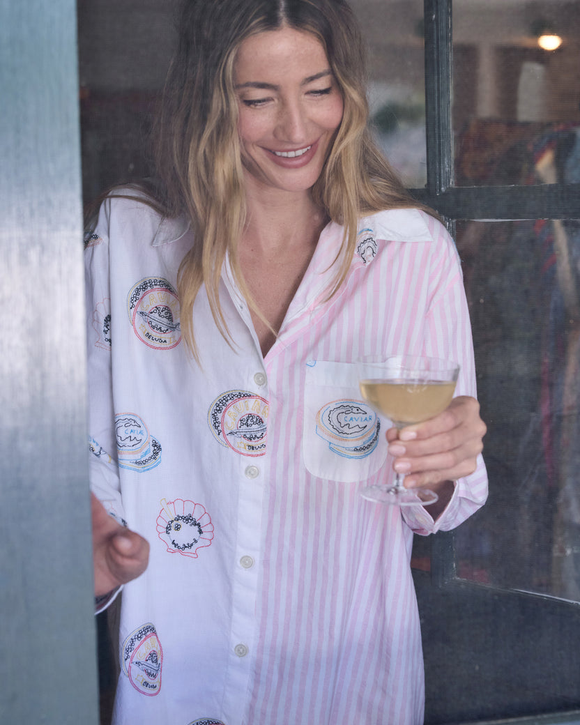 Embroidered Caviar Club - Everyday Button Down - Pearl