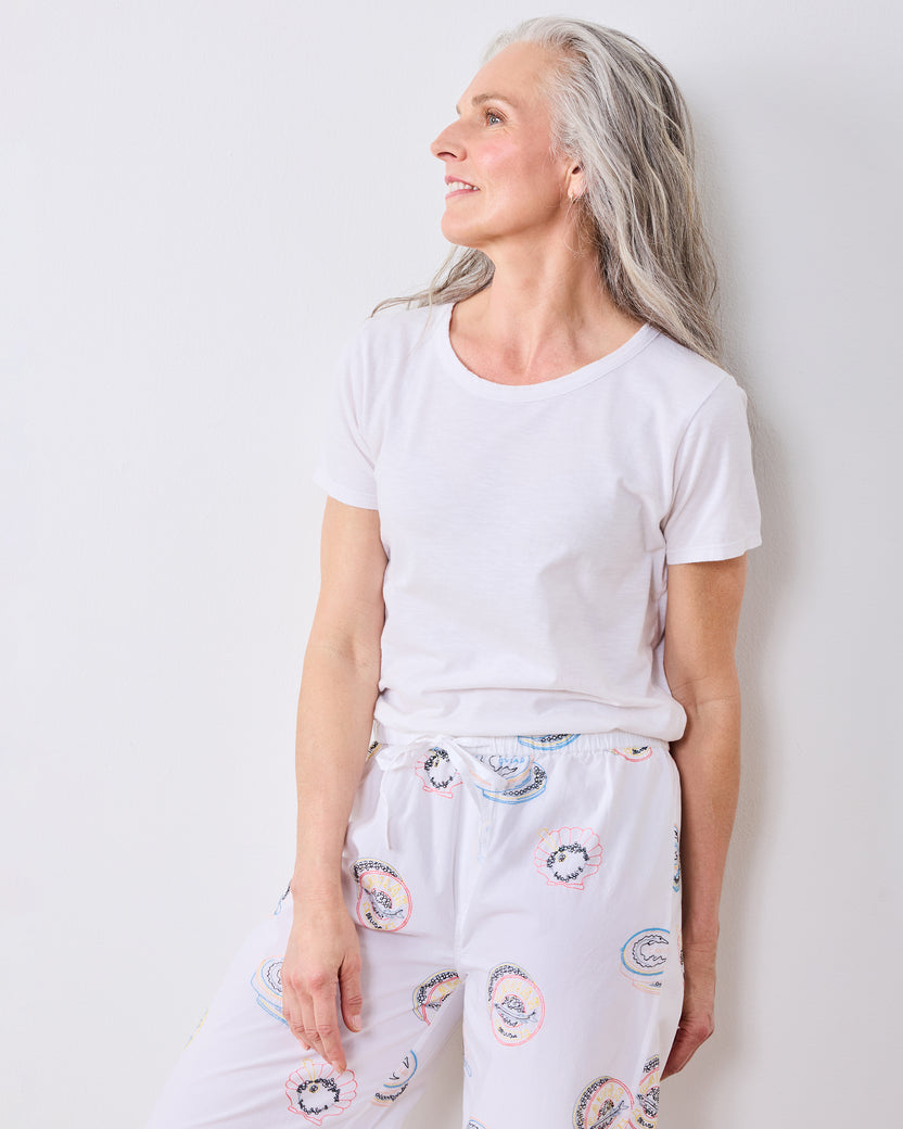 Embroidered Caviar Club - PJ Pants - Pearl
