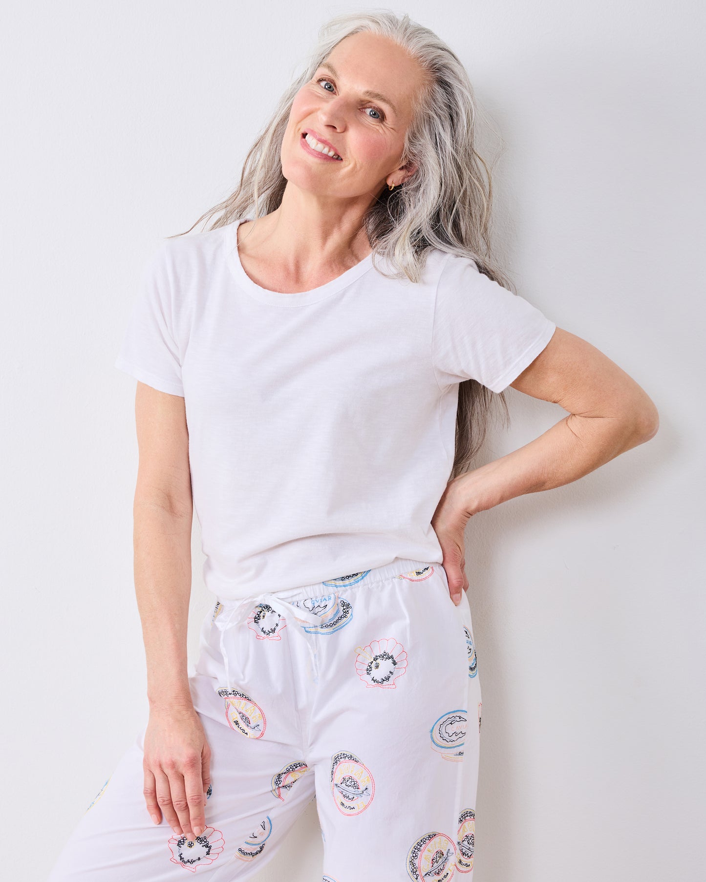 Embroidered Caviar Club - PJ Pants - Pearl