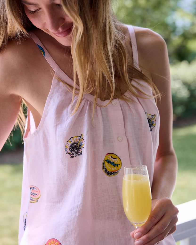 Embroidered Coastal Caviar - Linen Martha Set - Pink Pearl