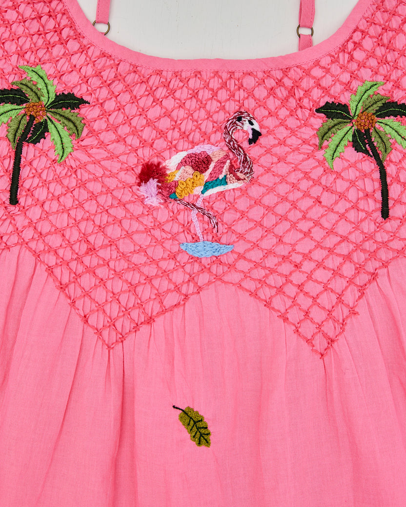 Embroidered Flamingo Social - Naya Short Set - Coral Sunset