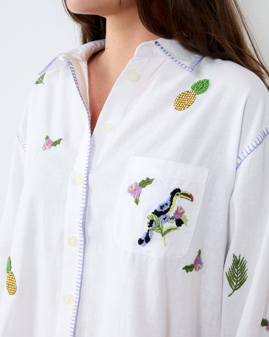 Embroidered Pineapple Toucan - Cotton Linen Everyday Button Down - Cloud