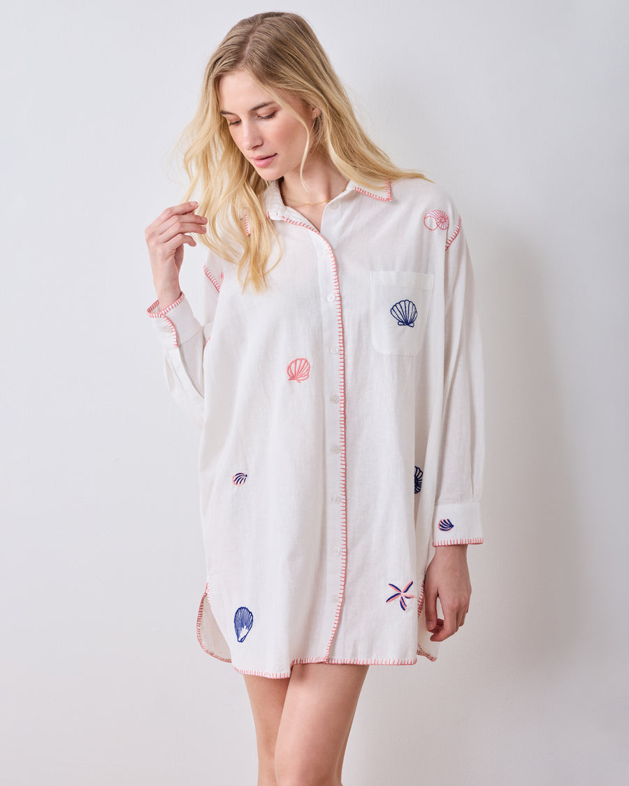 Embroidered Shells - Linen Everyday Button Down - Cloud - Printfresh