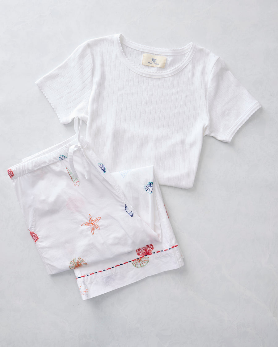 Embroidered Shells - Cropped PJ Pants & Pointelle Short Sleeve Bundle - Cloud - Printfresh