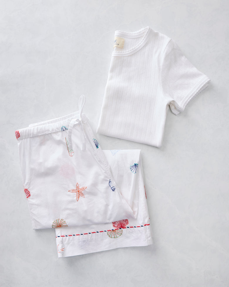 Embroidered Shells - Cropped PJ Pants & Pointelle Short Sleeve Bundle - Cloud - Printfresh