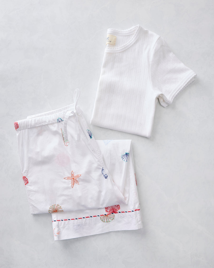 Embroidered Shells - Cropped PJ Pants & Pointelle Short Sleeve Bundle - Cloud - Printfresh