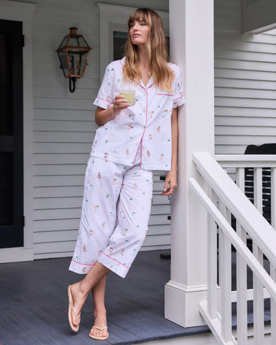 Embroidered Tequila Sunrise - Short Sleeve Top & Cropped Pants Set - Cloud