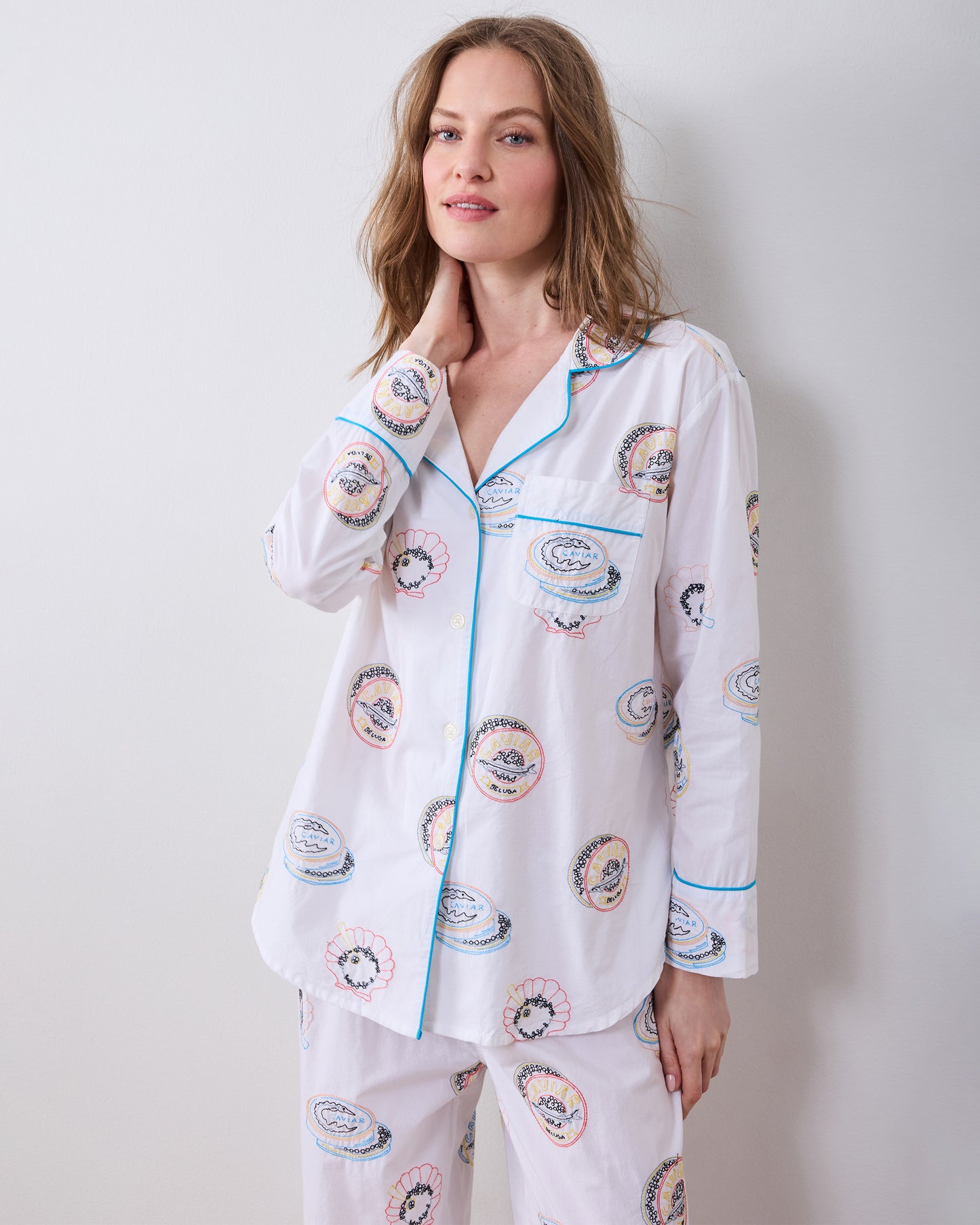 Embroidered Caviar Club - Tall Long PJ Set - Pearl