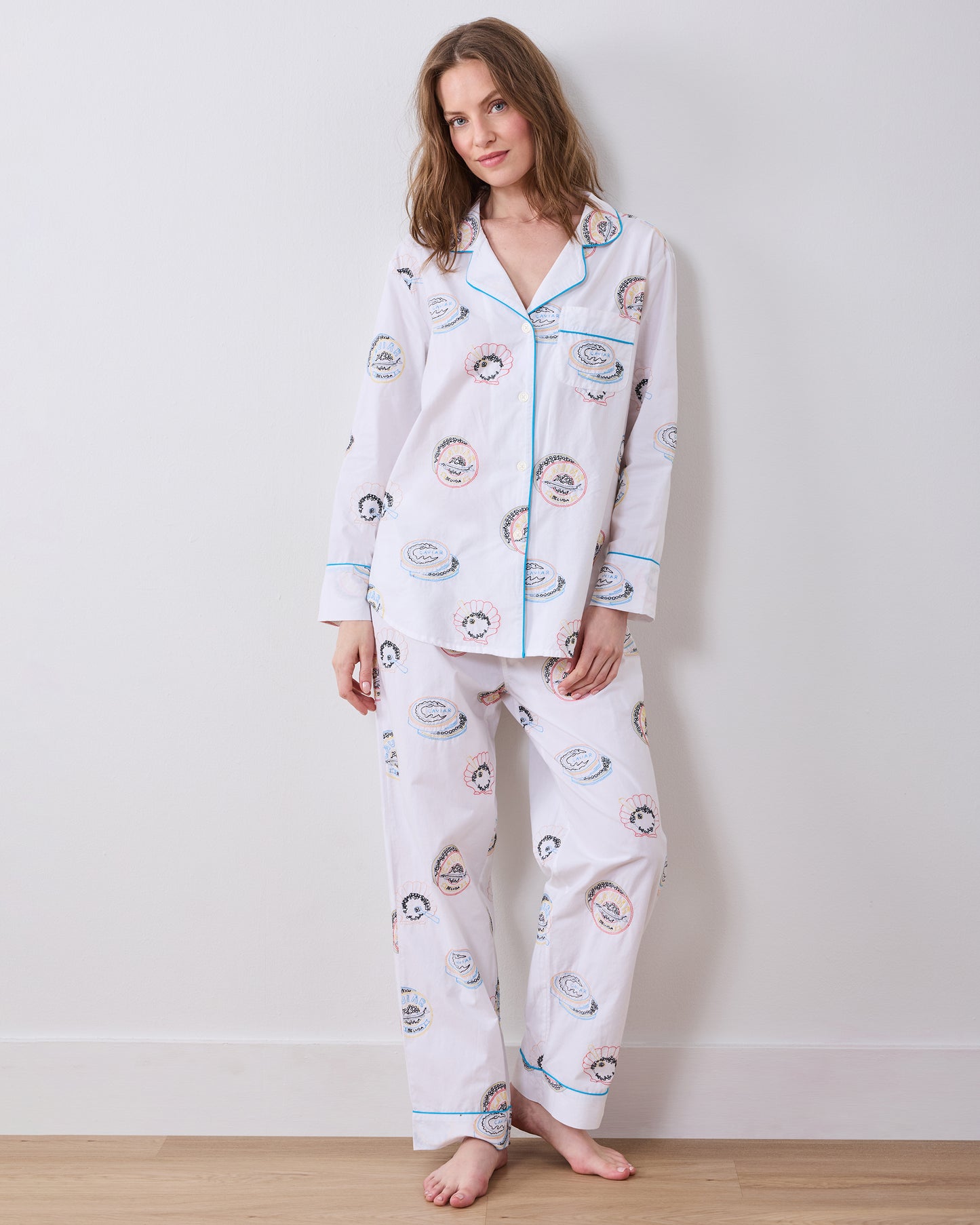 Embroidered Caviar Club - Long PJ Set - Pearl
