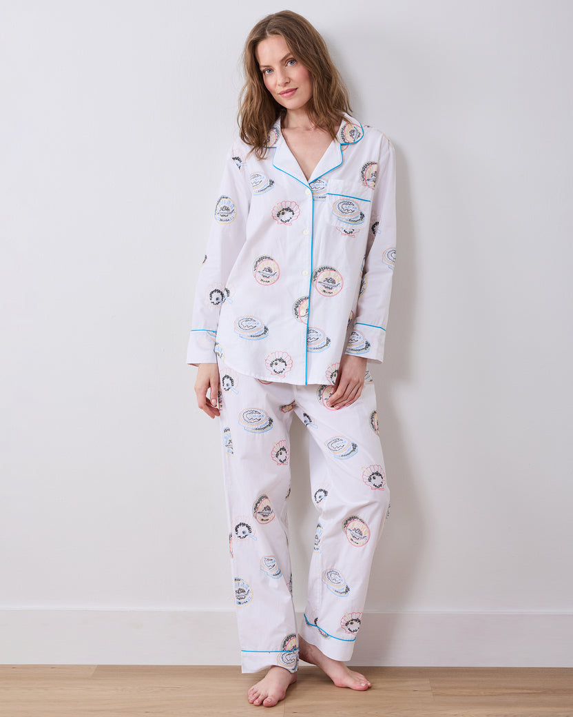 Embroidered Caviar Club - Tall Long PJ Set - Pearl