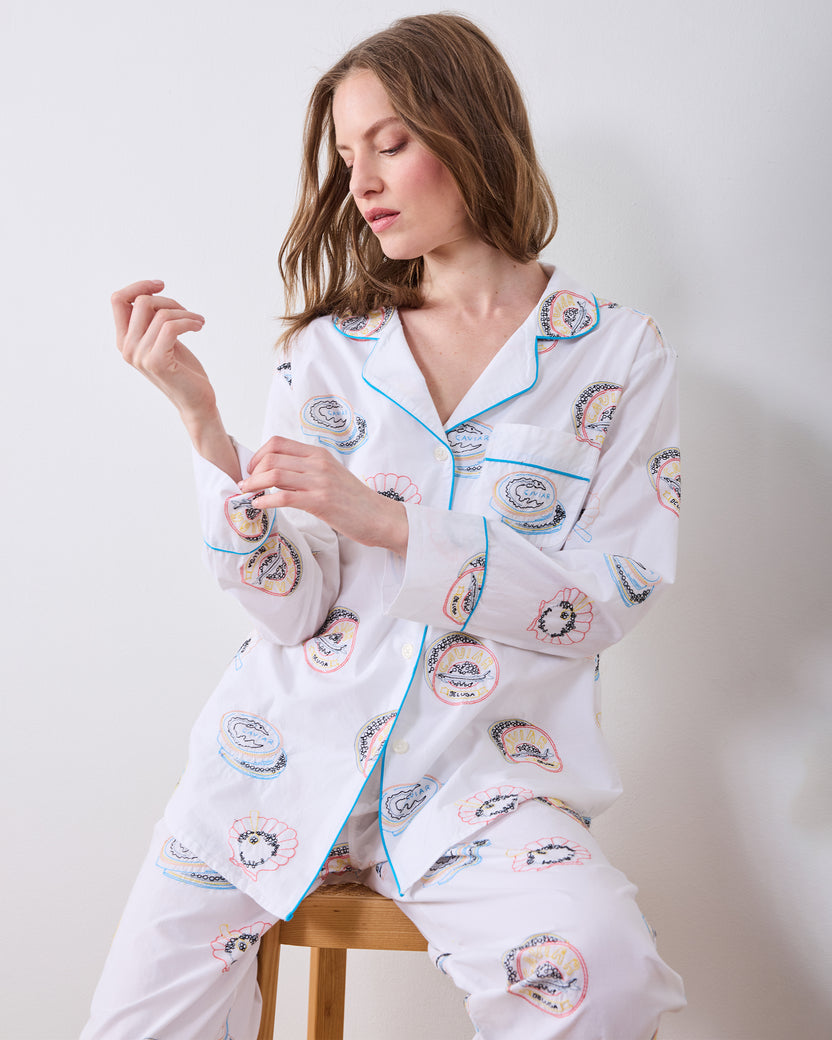 Embroidered Caviar Club - Petite Long PJ Set - Pearl