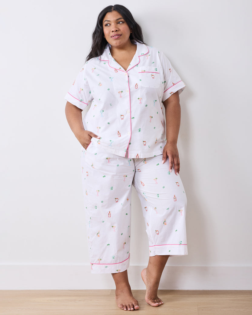 Embroidered Tequila Sunrise - Short Sleeve Top & Cropped Pants Set - Cloud