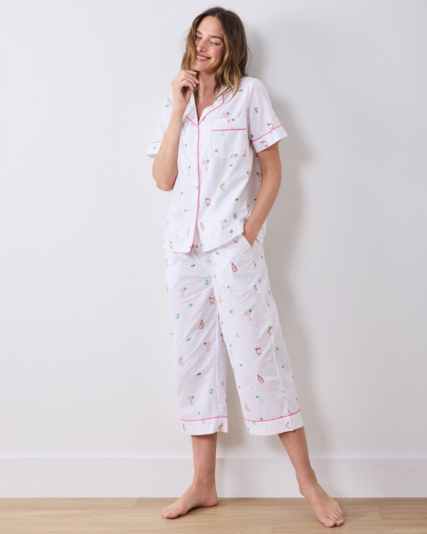 Embroidered Tequila Sunrise - Short Sleeve Top & Cropped Pants Set - Cloud