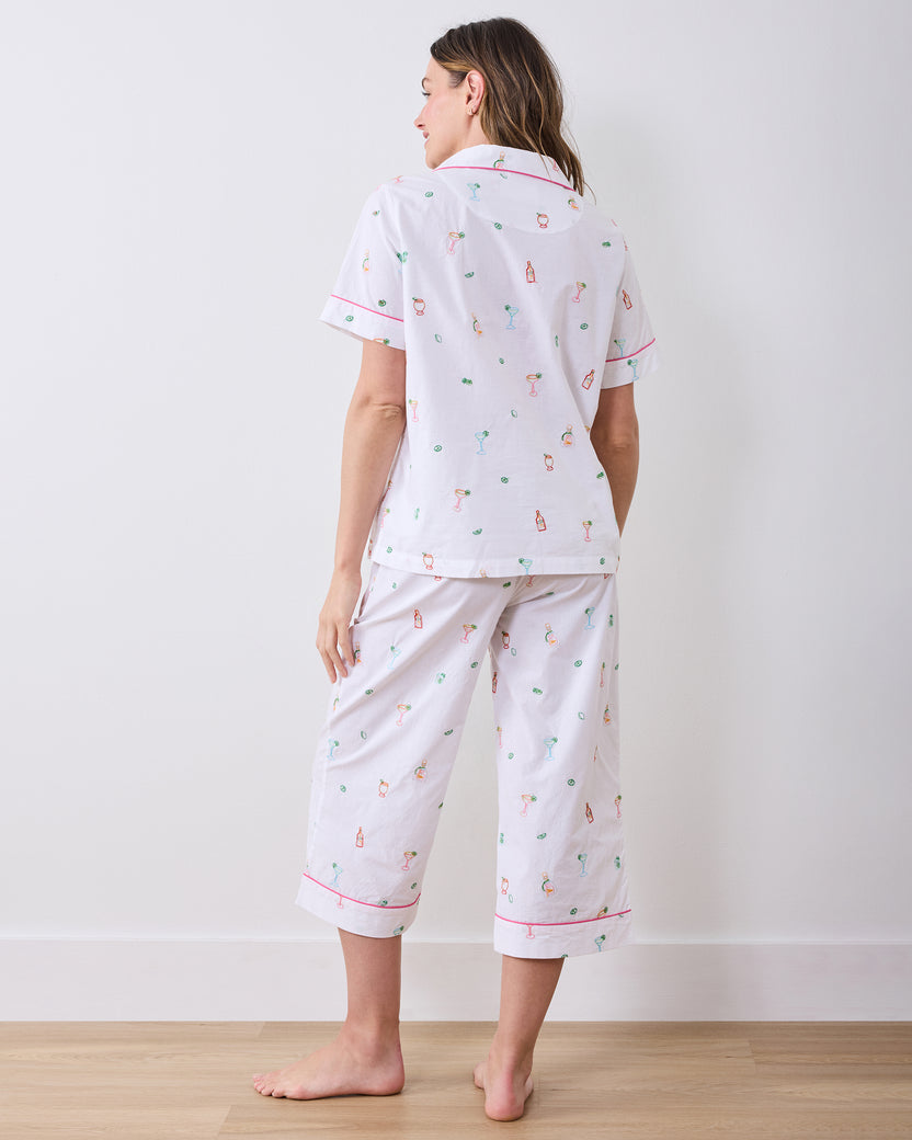 Embroidered Tequila Sunrise - Short Sleeve Top & Cropped Pants Set - Cloud