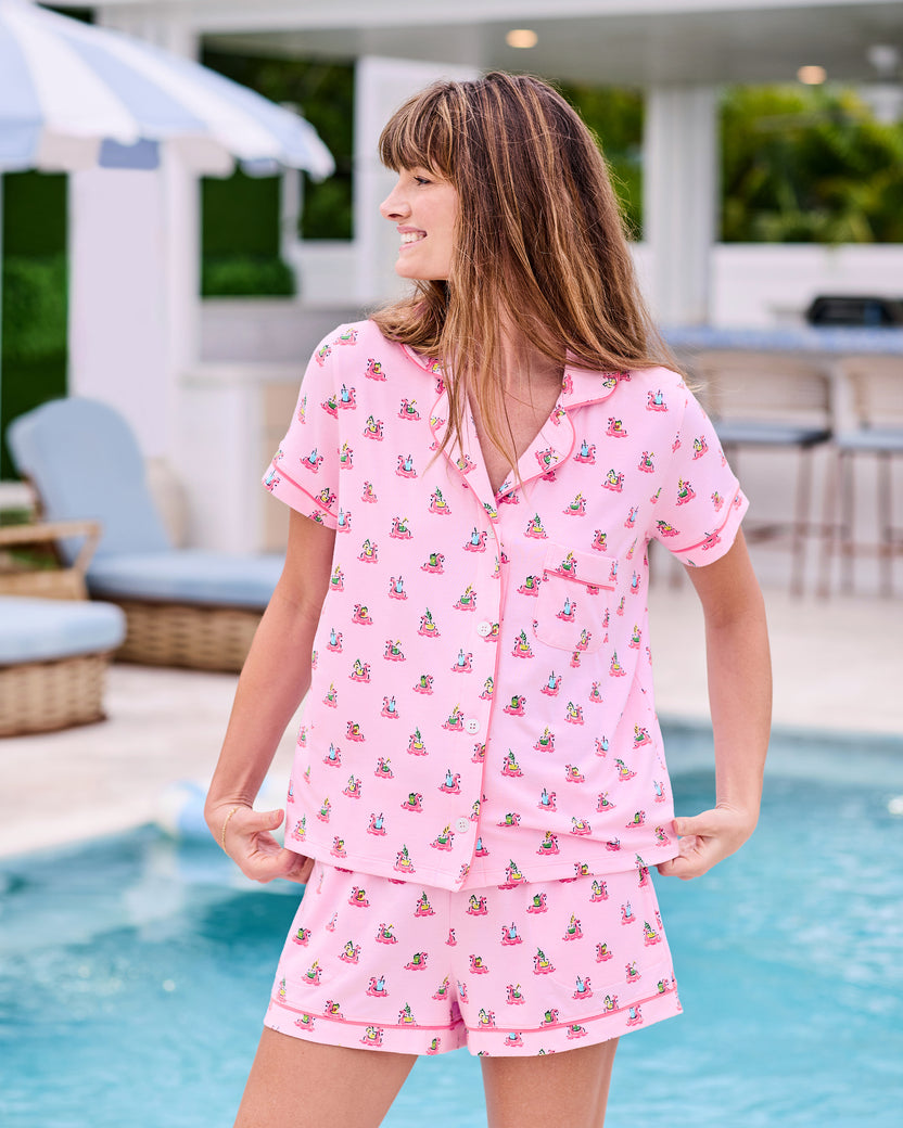 Flamingo Floaties - Organic Pima Modal Knit Short PJ Set - Pink Lemonade