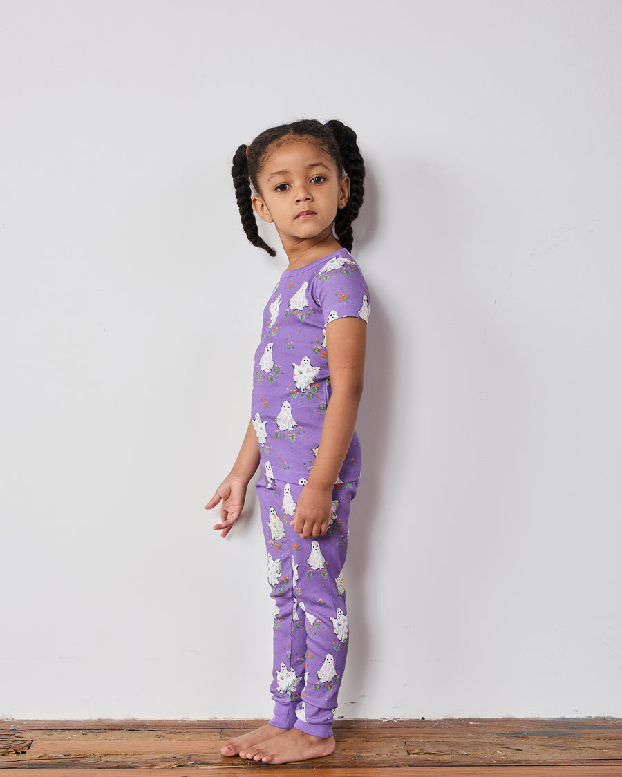 Gardening Ghosts - Kids Organic Pima Short Sleeve PJ Set - Eerie Amethyst