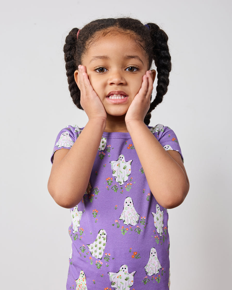 Gardening Ghosts - Kids Organic Pima Short Sleeve PJ Set - Eerie Amethyst