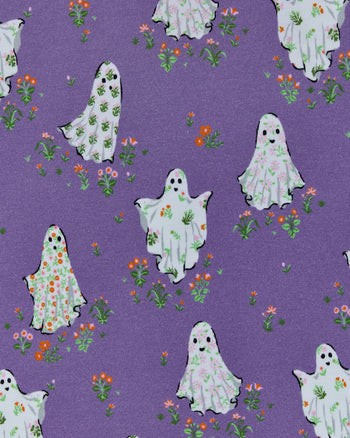 Gardening Ghosts print swatch with white floral-patterned ghosts and orange flowers on an amethyst-purple background.